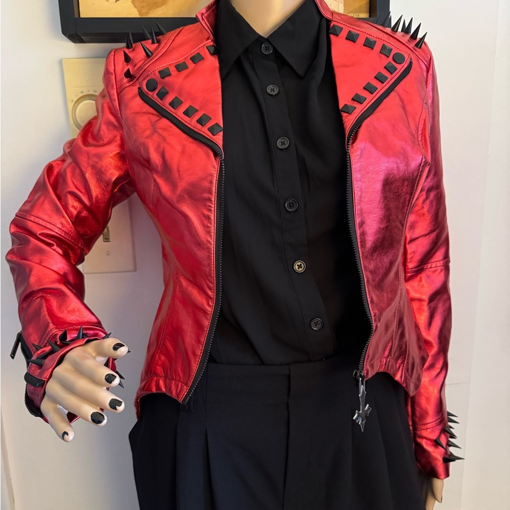 Dolls Kill Metallic Red Spiked Leather Jacket